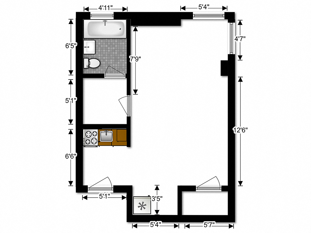 Floor plan for studio, 1 bath, 425 sqft