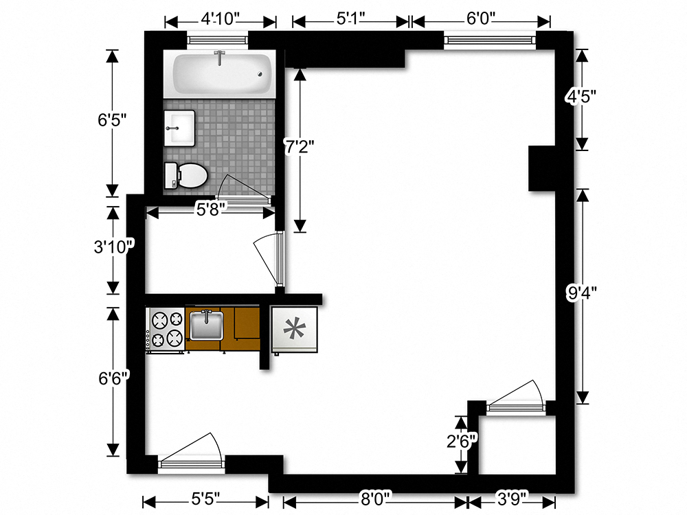 Floor plan for studio, 1 bath, 425 sqft