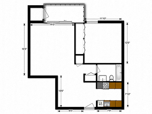 Floor plan for 1 bed, 1 bath, 670 sqft