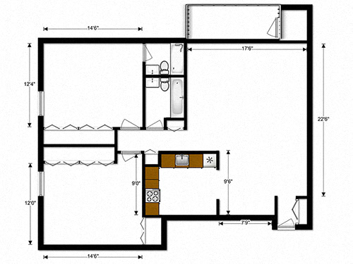 Floor plan for 2 beds, 2 baths, 975 sqft