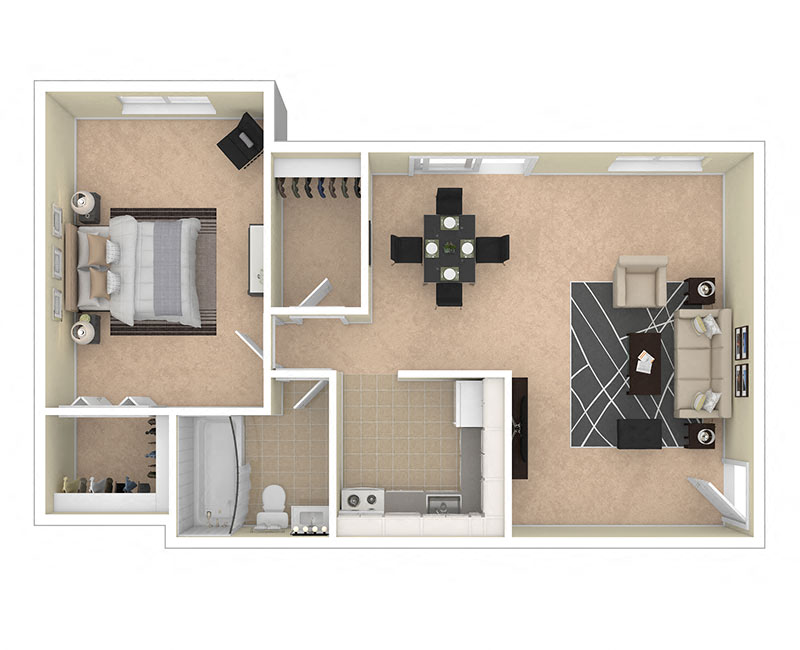 Floor plan for 1 bed, 1 bath, 800 sqft