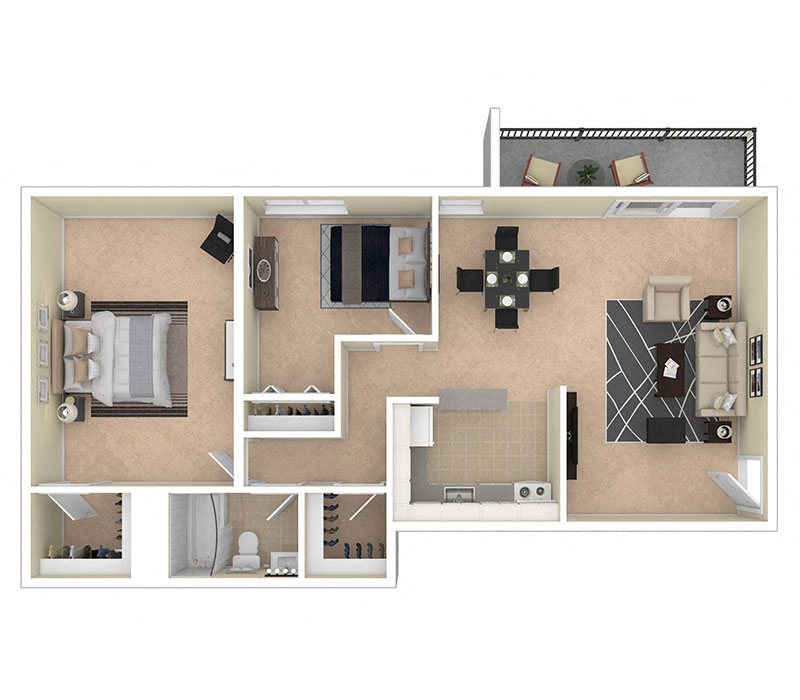 Floor plan for 2 beds, 1 bath, 1000 sqft