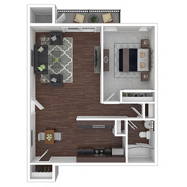 Floor plan for 1 bed, 1 bath, 636 sqft