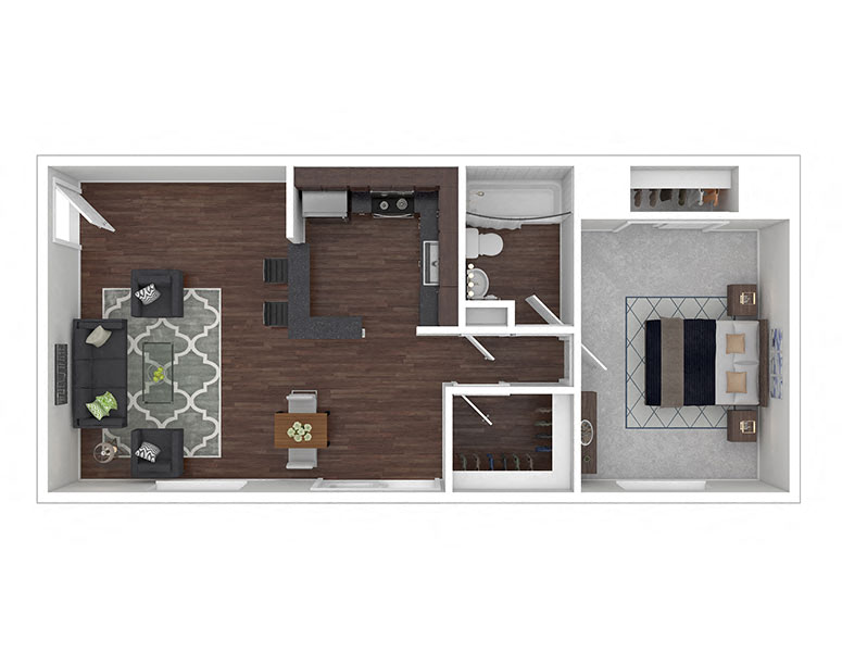 Floor plan for 1 bed, 1 bath, 656 sqft