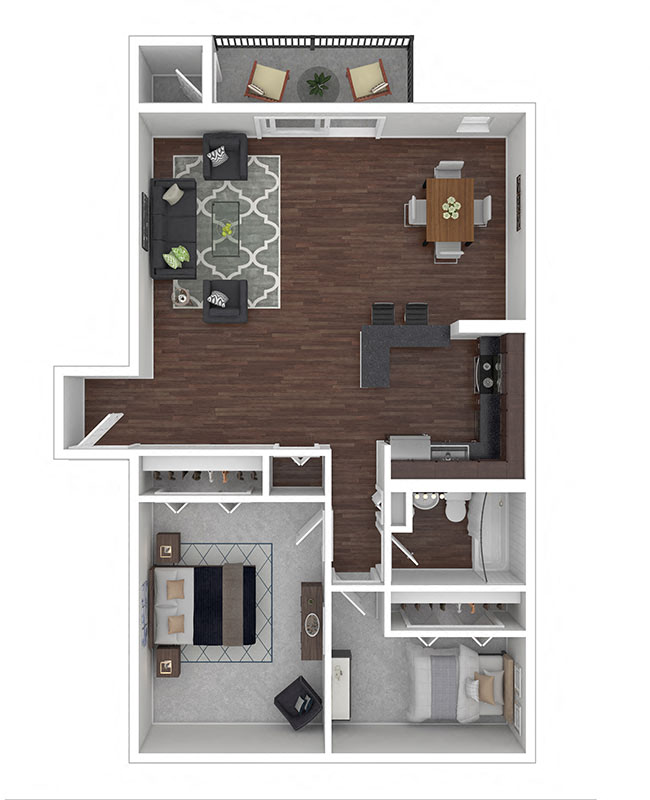 Floor plan for 2 beds, 1 bath, 875 sqft