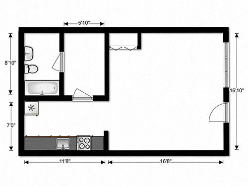 Floor plan for studio, 1 bath, 493 sqft