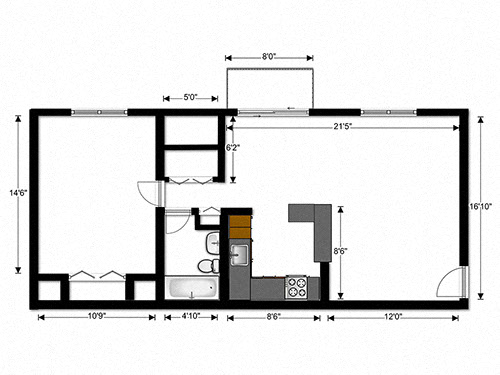 Floor plan for 1 bed, 1 bath, 656 sqft