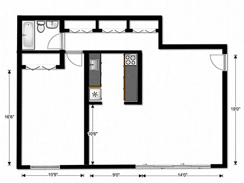 Floor plan for 1 bed, 1 bath, 850 sqft