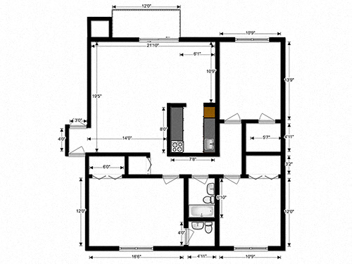 Floor plan for 3 beds, 1.5 baths, 1177 sqft