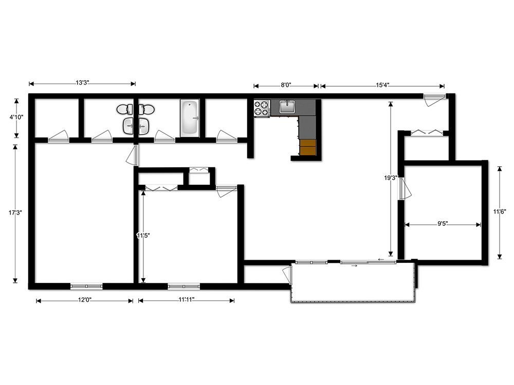Floor plan for 2 beds, 1.5 baths, 944 sqft