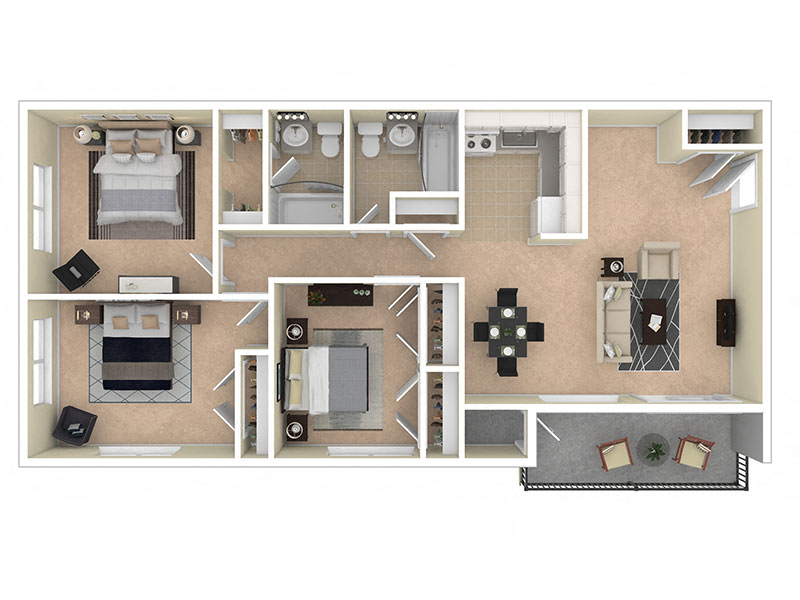 Floor plan for 3 beds, 2 baths, 912 sqft