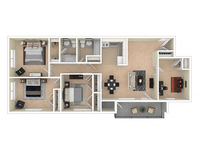 Floor plan for 3 beds, 2 baths, 1020 sqft