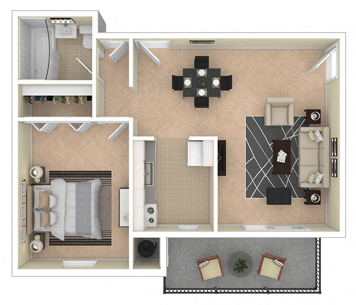 Floor plan for 1 bed, 1 bath, 687 sqft
