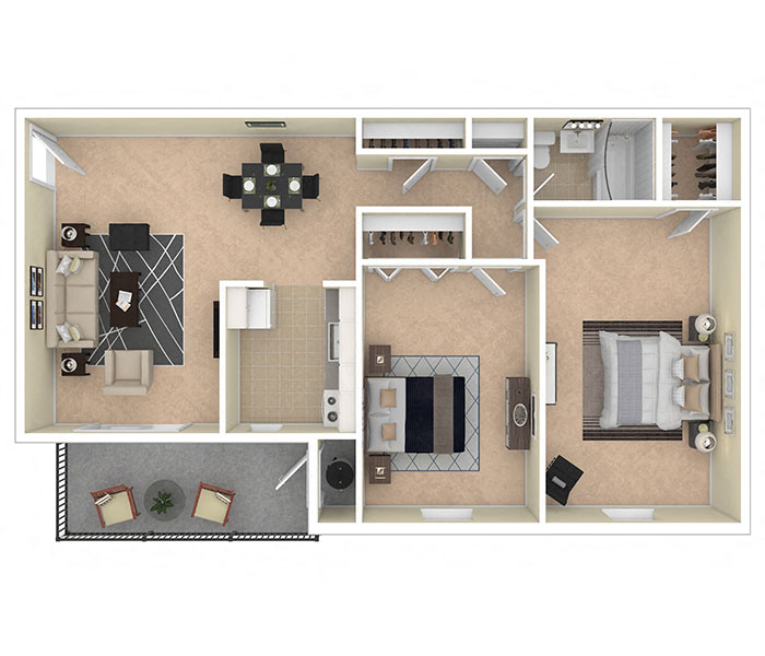 Floor plan for 2 beds, 1 bath, 774 sqft