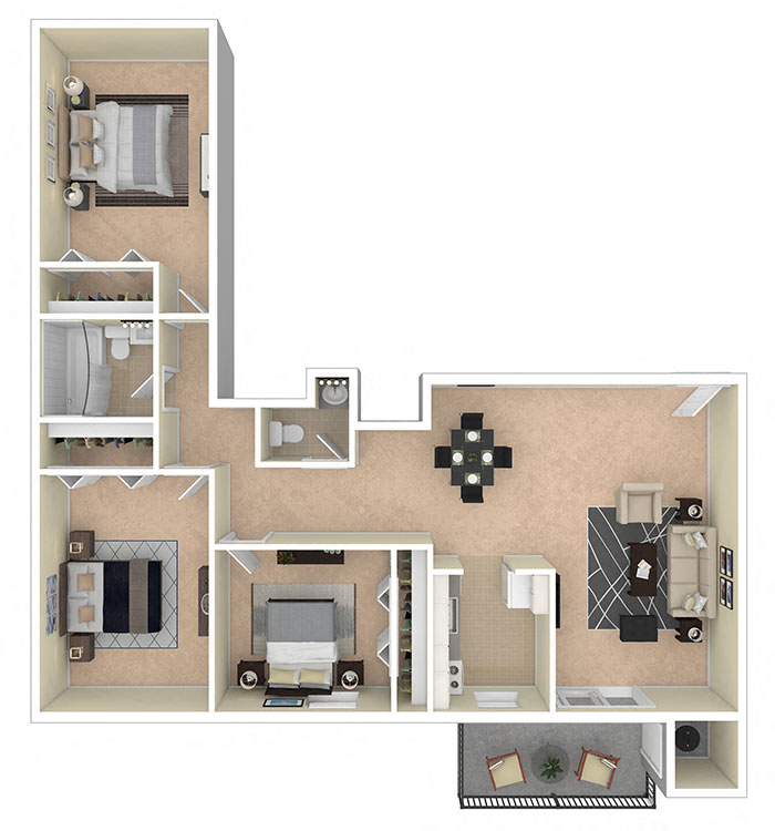 Floor plan for 3 beds, 1 bath, 997 sqft
