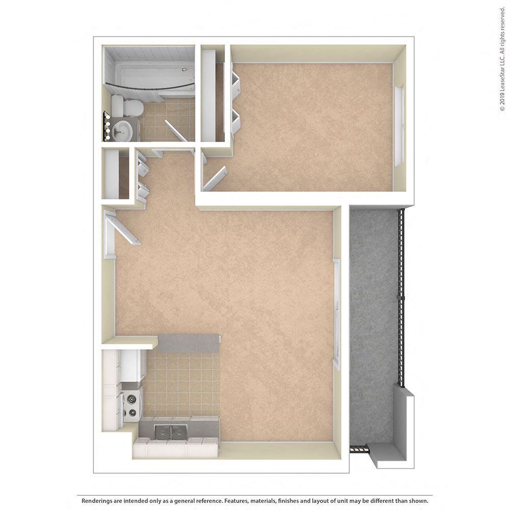 Floor plan for 1 bed, 1 bath, 610 sqft