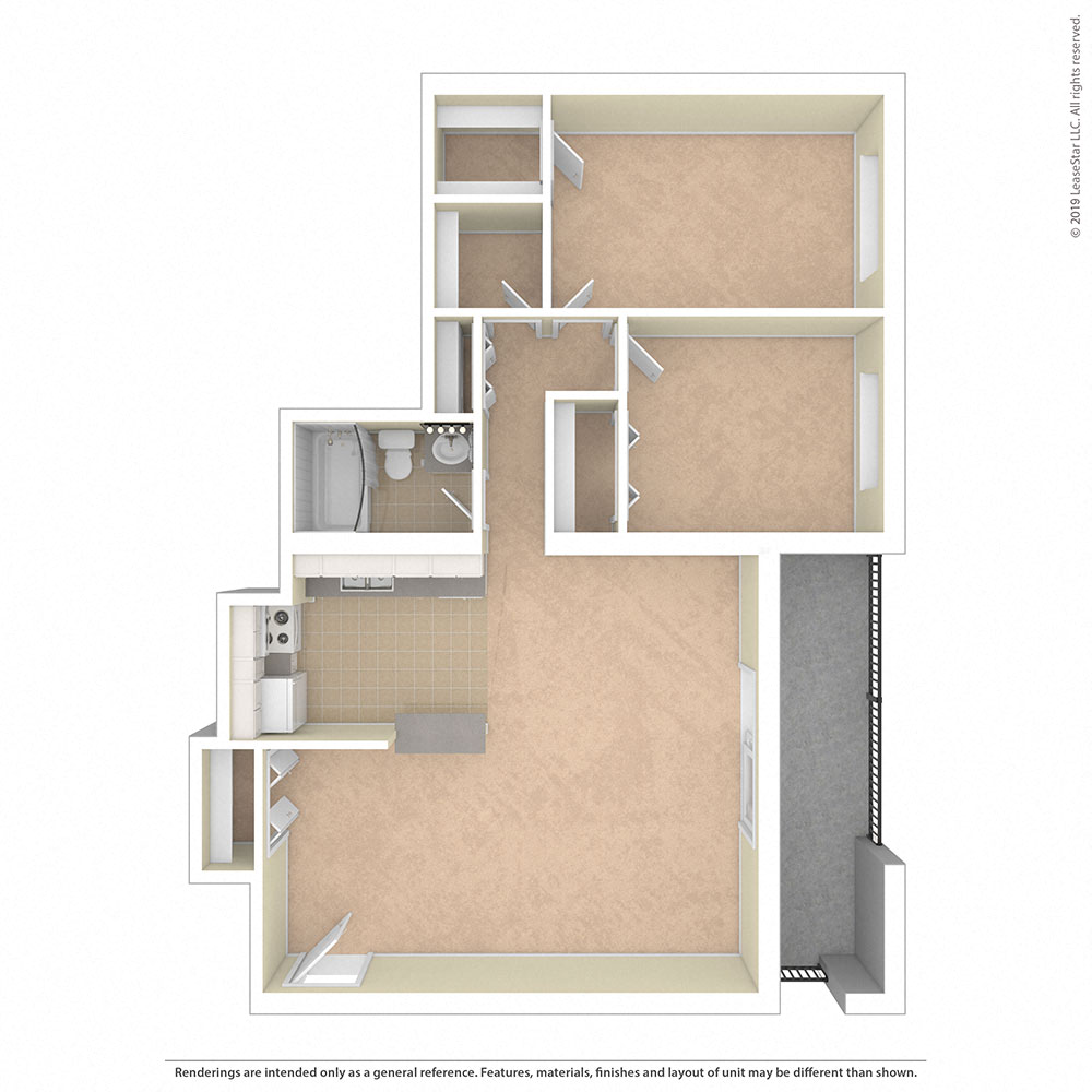 Floor plan for 2 beds, 1 bath, 893 sqft