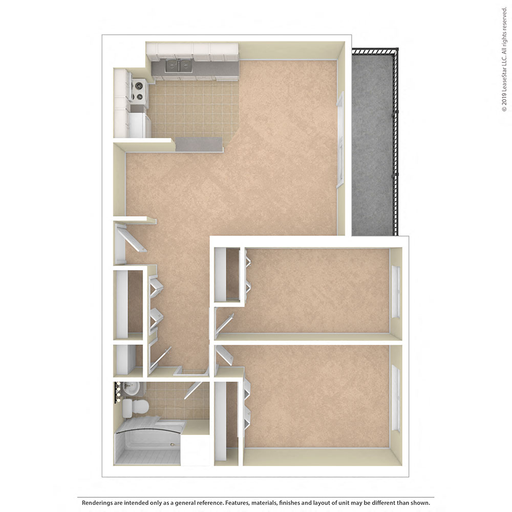 Floor plan for 2 beds, 1 bath, 893 sqft