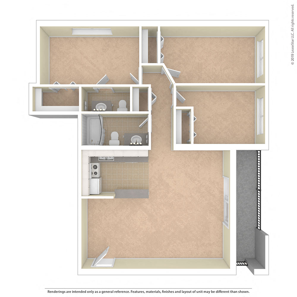 Floor plan for 3 beds, 1.5 baths, 1192 sqft