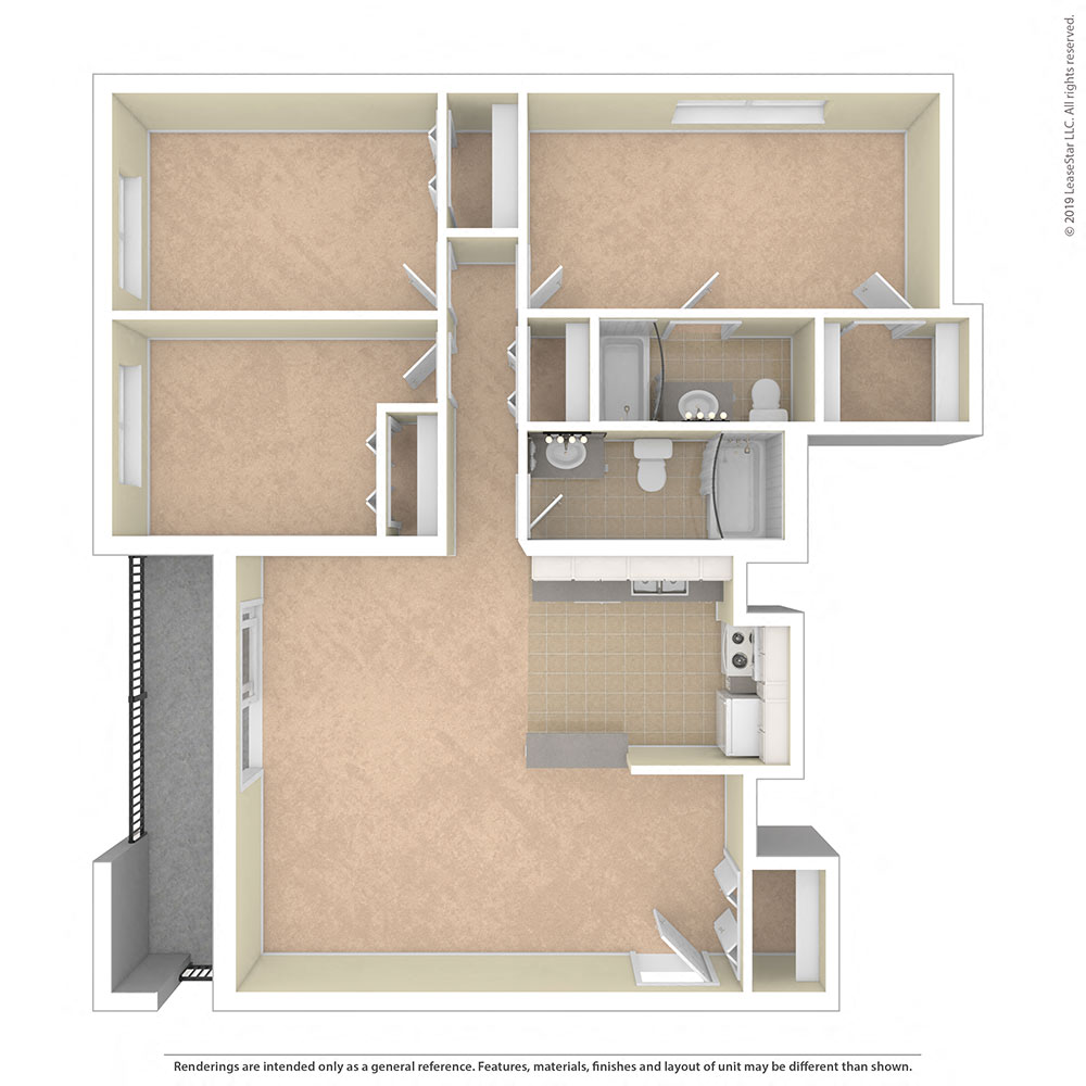 Floor plan for 3 beds, 2 baths, 1192 sqft