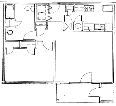 Floor plan for 1 bed, 1 bath, 762 sqft