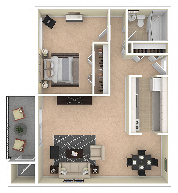 Floor plan for 1 bed, 1 bath, 806 sqft