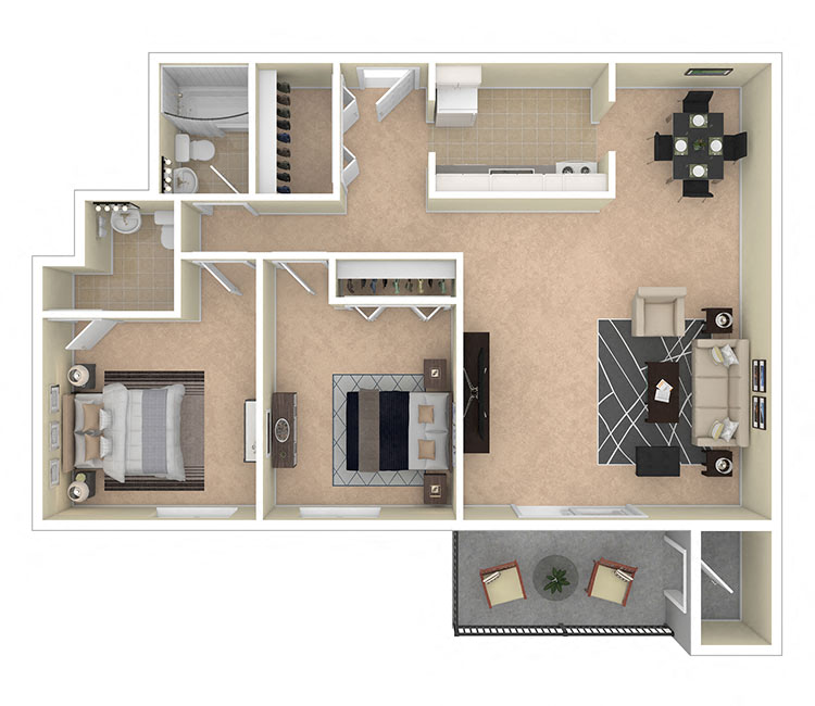 Floor plan for 2 beds, 1.5 baths, 975 sqft