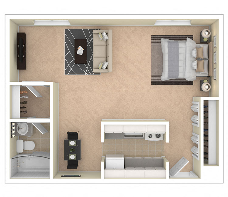 Floor plan for studio, 1 bath, 675 sqft