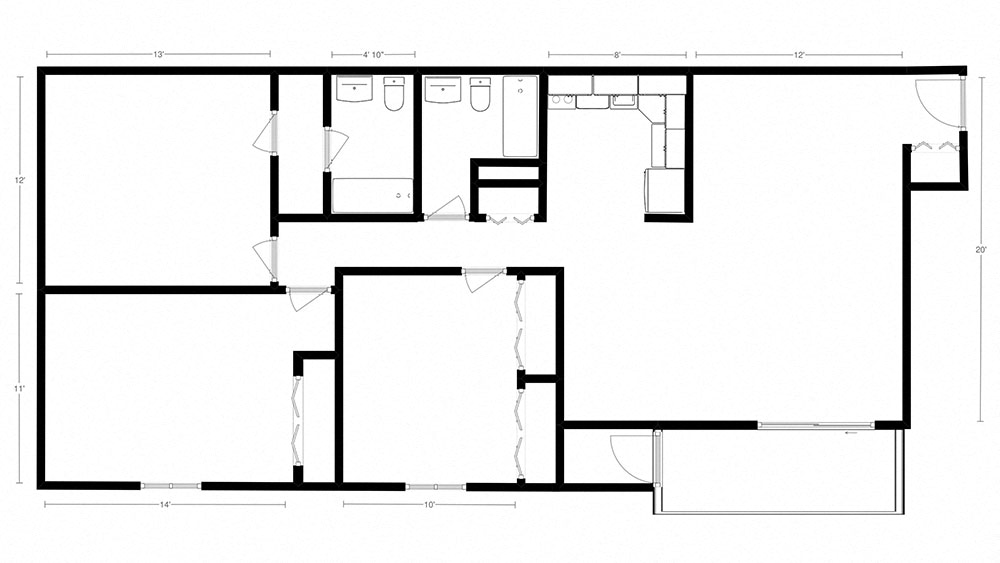 Floor plan for 3 beds, 2 baths, 1075 sqft