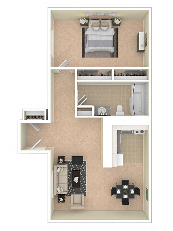 Floor plan for 1 bed, 1 bath, 700 sqft