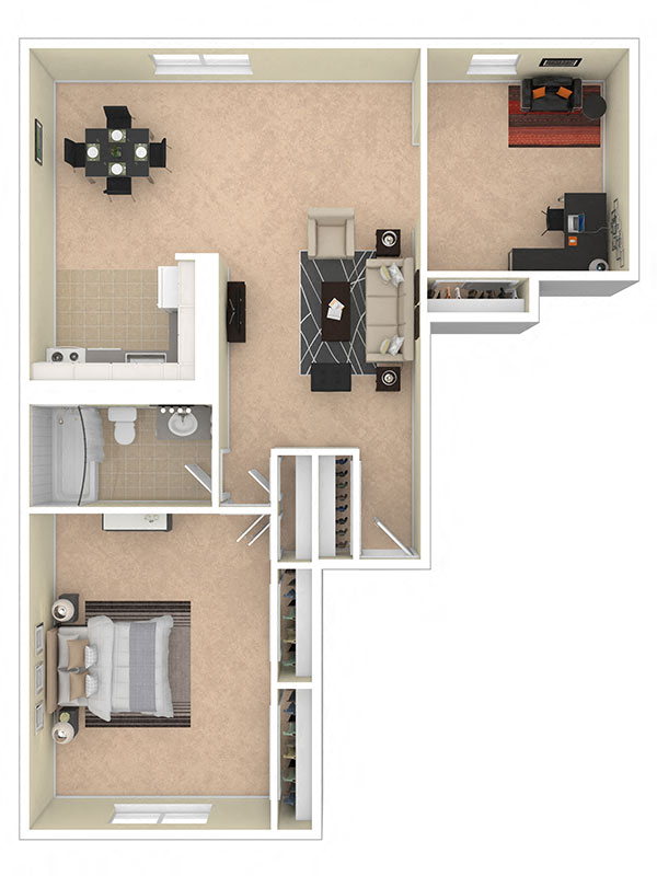 Floor plan for 1 bed, 1 bath, 750 sqft