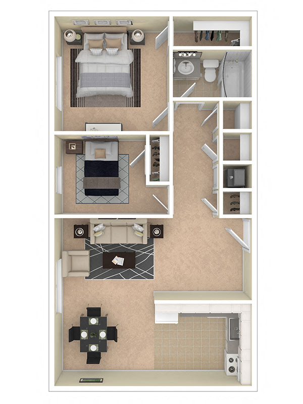 Floor plan for 2 beds, 1 bath, 785 sqft