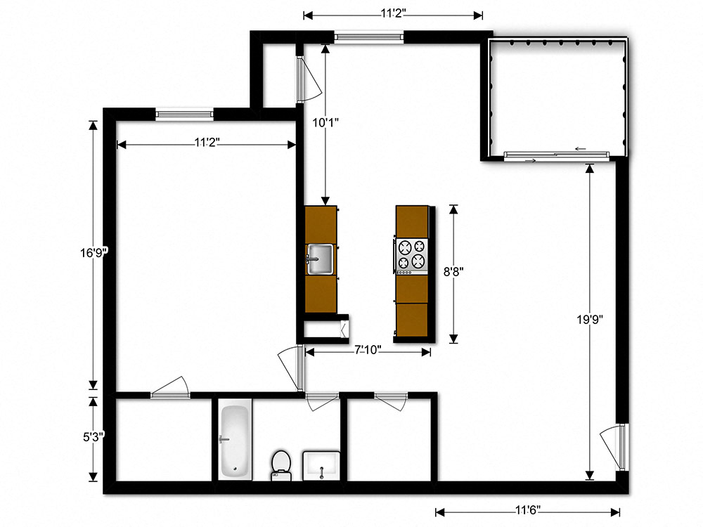 Floor plan for 1 bed, 1 bath, 708 sqft