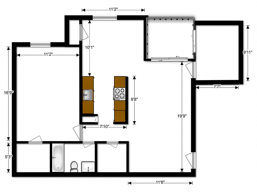 Floor plan for 1 bed, 1 bath, 793 sqft