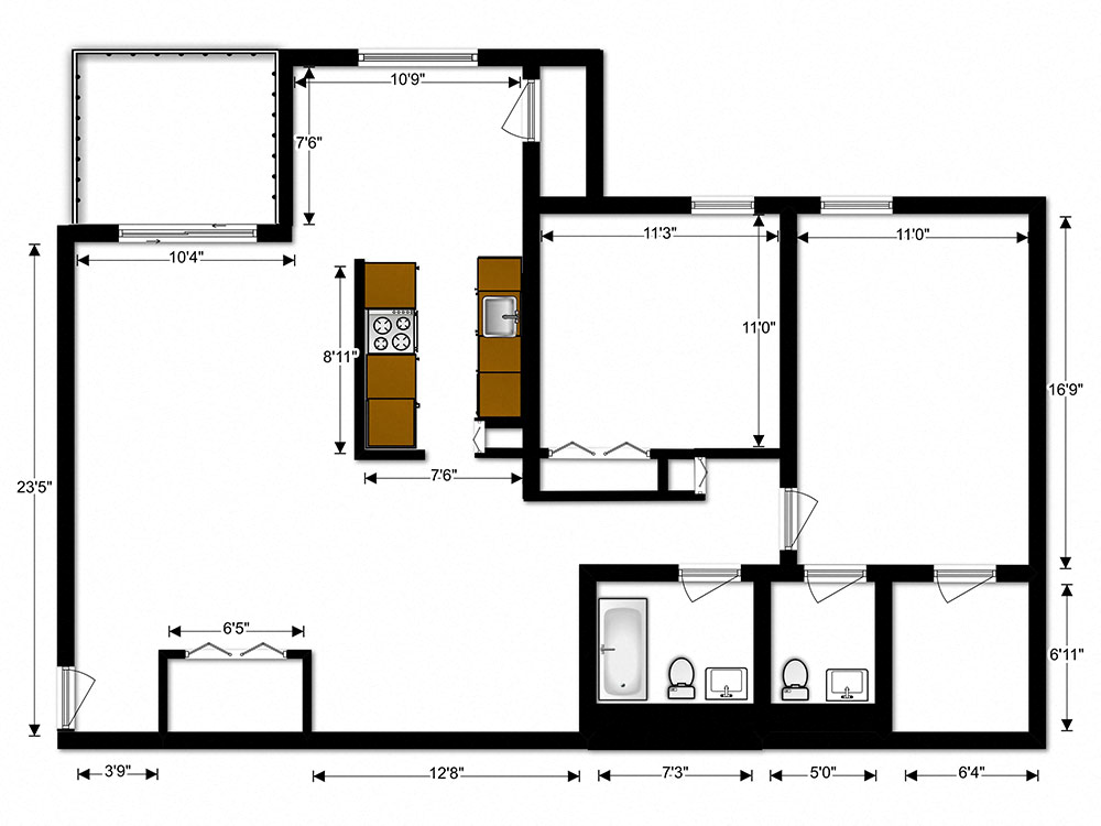 Floor plan for 2 beds, 1.5 baths, 931 sqft