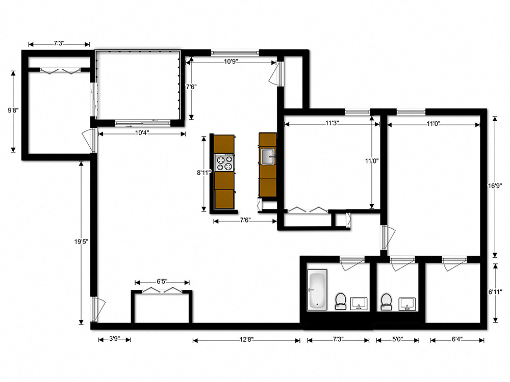 Floor plan for 2 beds, 1.5 baths, 1088 sqft