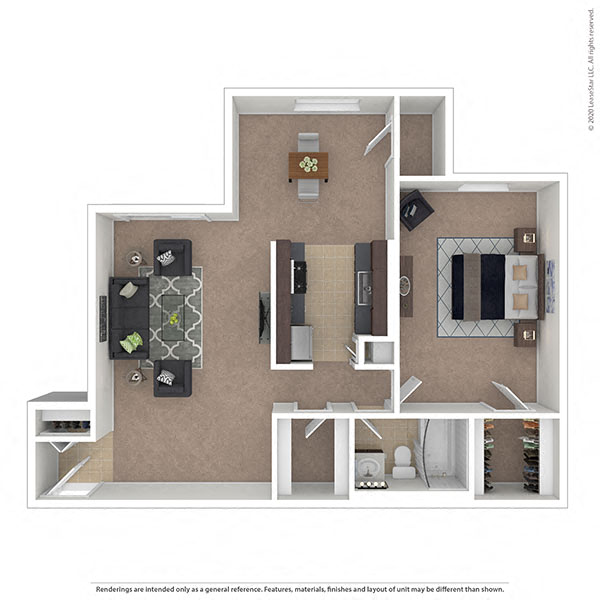 Floor plan for 1 bed, 1 bath, 746 sqft