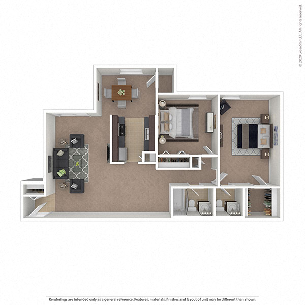 Floor plan for 2 beds, 1.5 baths, 955 sqft