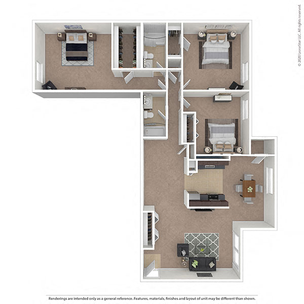 Floor plan for 3 beds, 2 baths, 1220 sqft