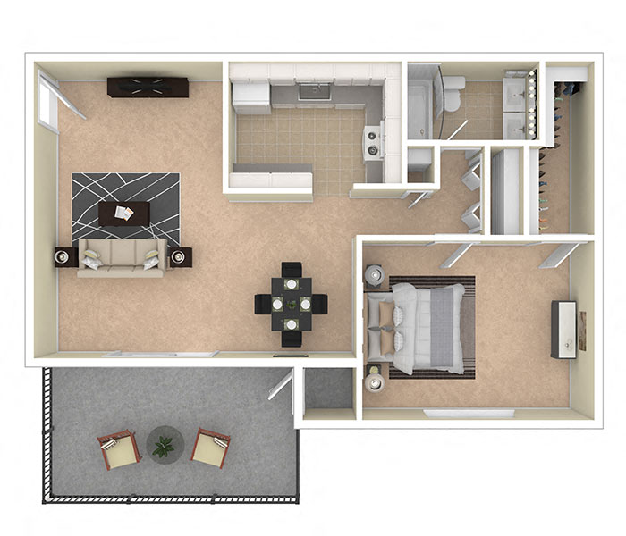 Floor plan for 1 bed, 1 bath, 791 sqft