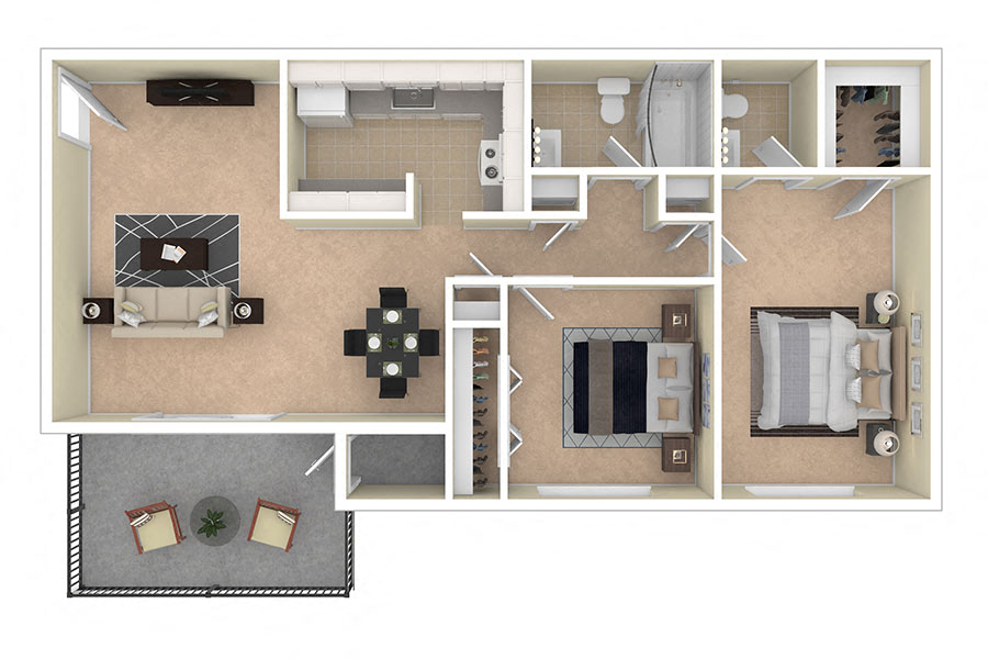 Floor plan for 2 beds, 1.5 baths, 991 sqft
