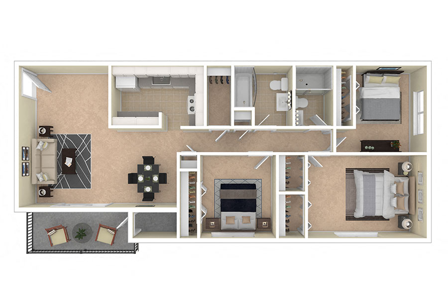 Floor plan for 3 beds, 2 baths, 1088 sqft