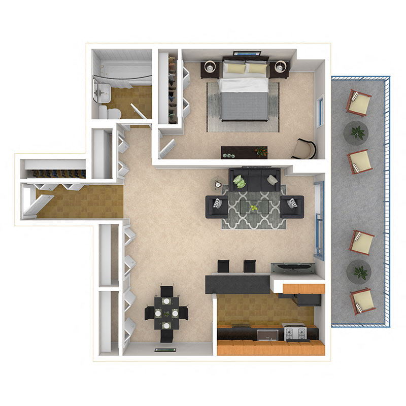 Floor plan for 1 bed, 1 bath, 612 sqft