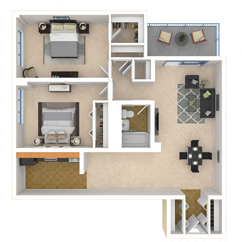 Floor plan for 2 beds, 1 bath, 928 sqft