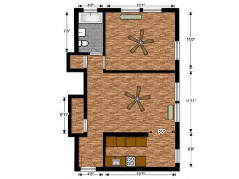 Floor plan for 1 bed, 1 bath, 664 sqft