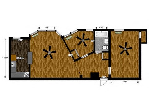 Floor plan for 2 beds, 1 bath, 800 sqft