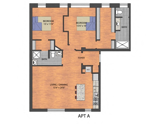 Floor plan for 2 beds, 2 baths, 975 sqft