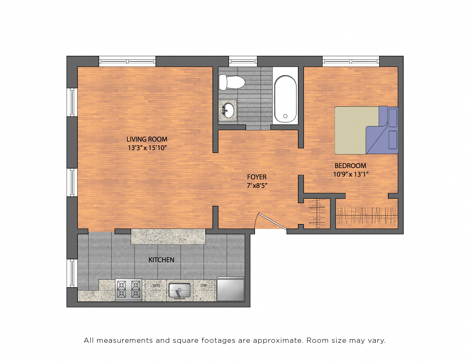 Floor plan for 1 bed, 1 bath, 613 sqft