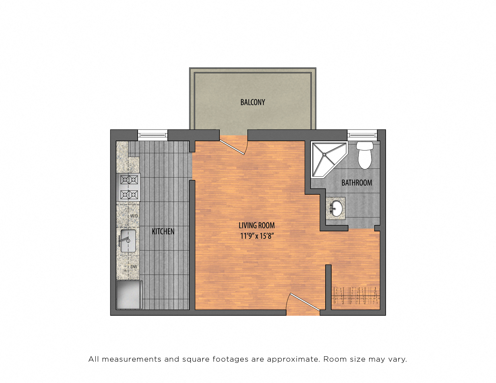 Floor plan for studio, 1 bath, 375 sqft