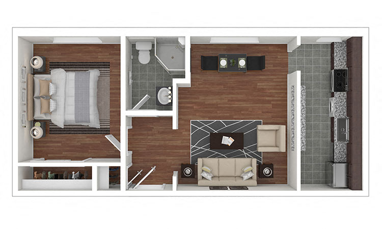 Floor plan for 1 bed, 1 bath, 590 sqft